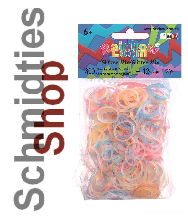 Rainbow Loom® Silikonbänder (556) Glitzer Mix, 300 Stk.+12 Clips